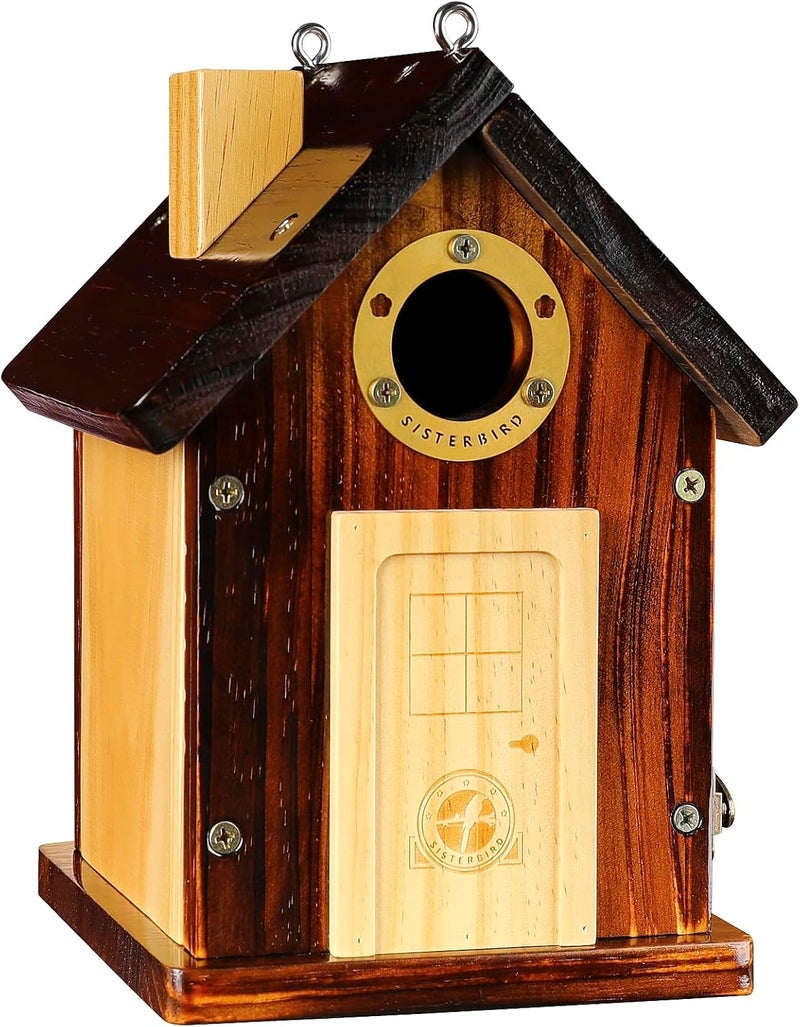 SISTERBIRD Bluebird Houses for Outside, Premium Bird Houses for Outside, Wooden Cabin Birdhouses for Outdoors, Weatherproof Courtyard Decorated Hanging Bird House, Nesting Bird House - Image 1